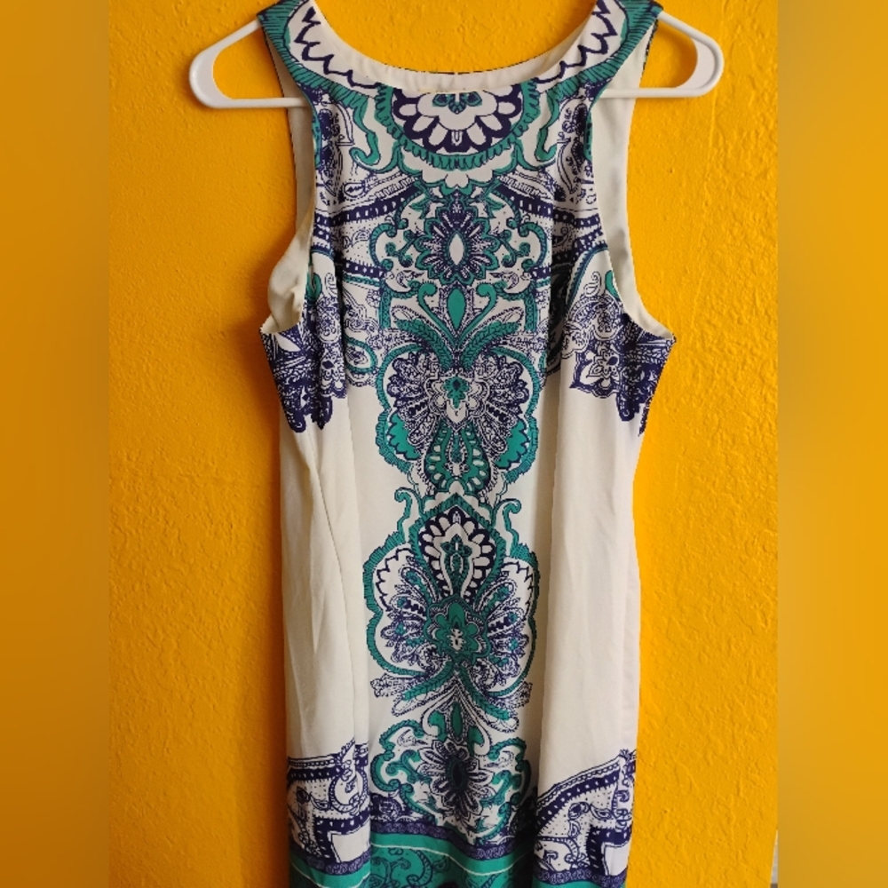 Aryeh Sleeveless‎ Printed Shift Dress Size Large White Teal Purple Stretch